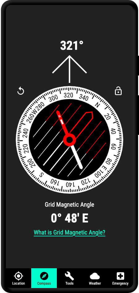 A screenshot of the Hikers Toolkit app compass tab