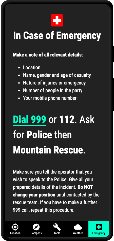 A screenshot of the Hikers Toolkit app emergency procedures tab