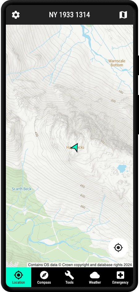 A screenshot of the Hikers Toolkit app map tab